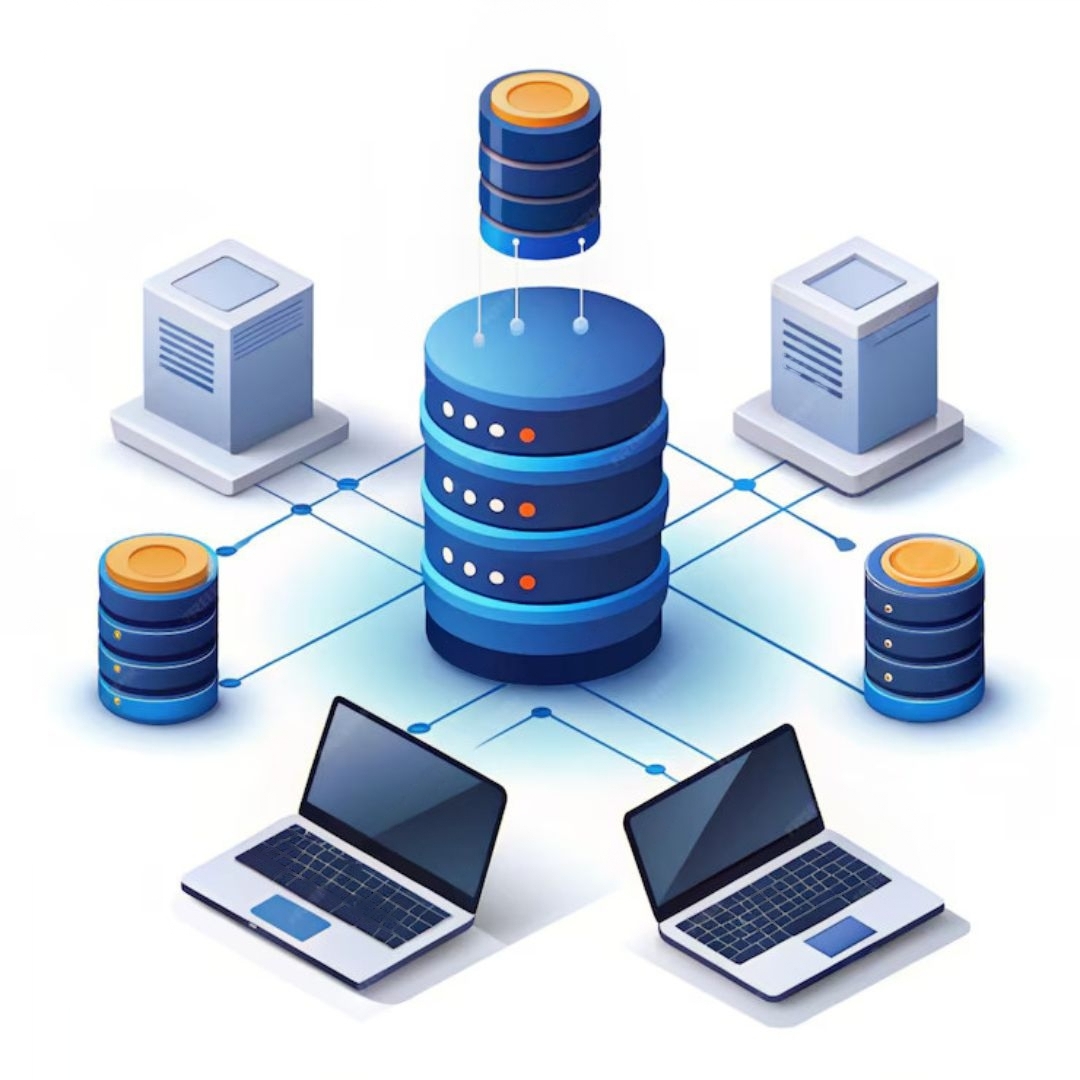 Illustration of IntelliDB Platform architecture built on AI-enabled PostgreSQL, showing connected databases, servers, and laptops for intelligent data management