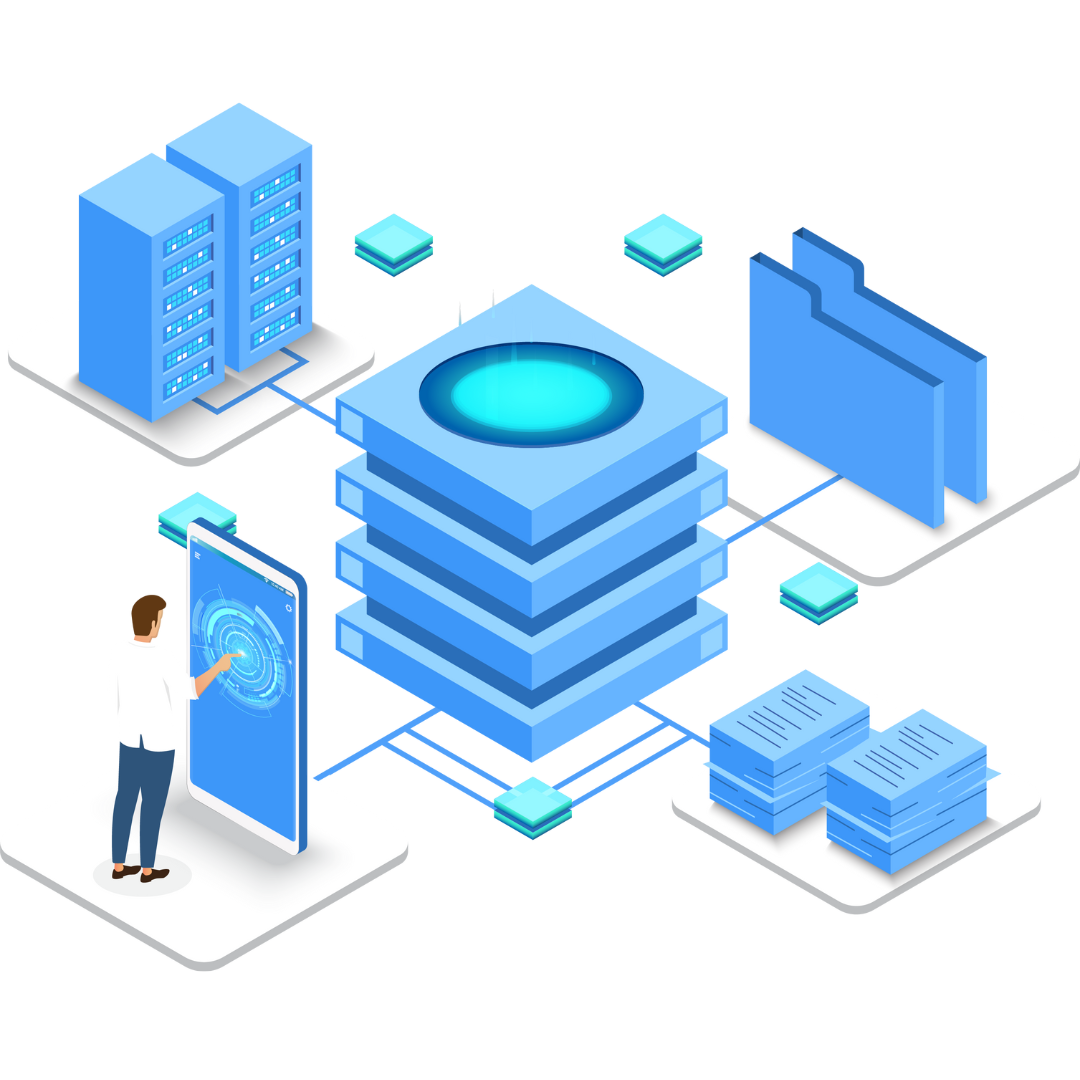 Illustration showing IntelliDB Platform benefits with AI-powered PostgreSQL database, cloud servers, and user interface for enhanced performance and security