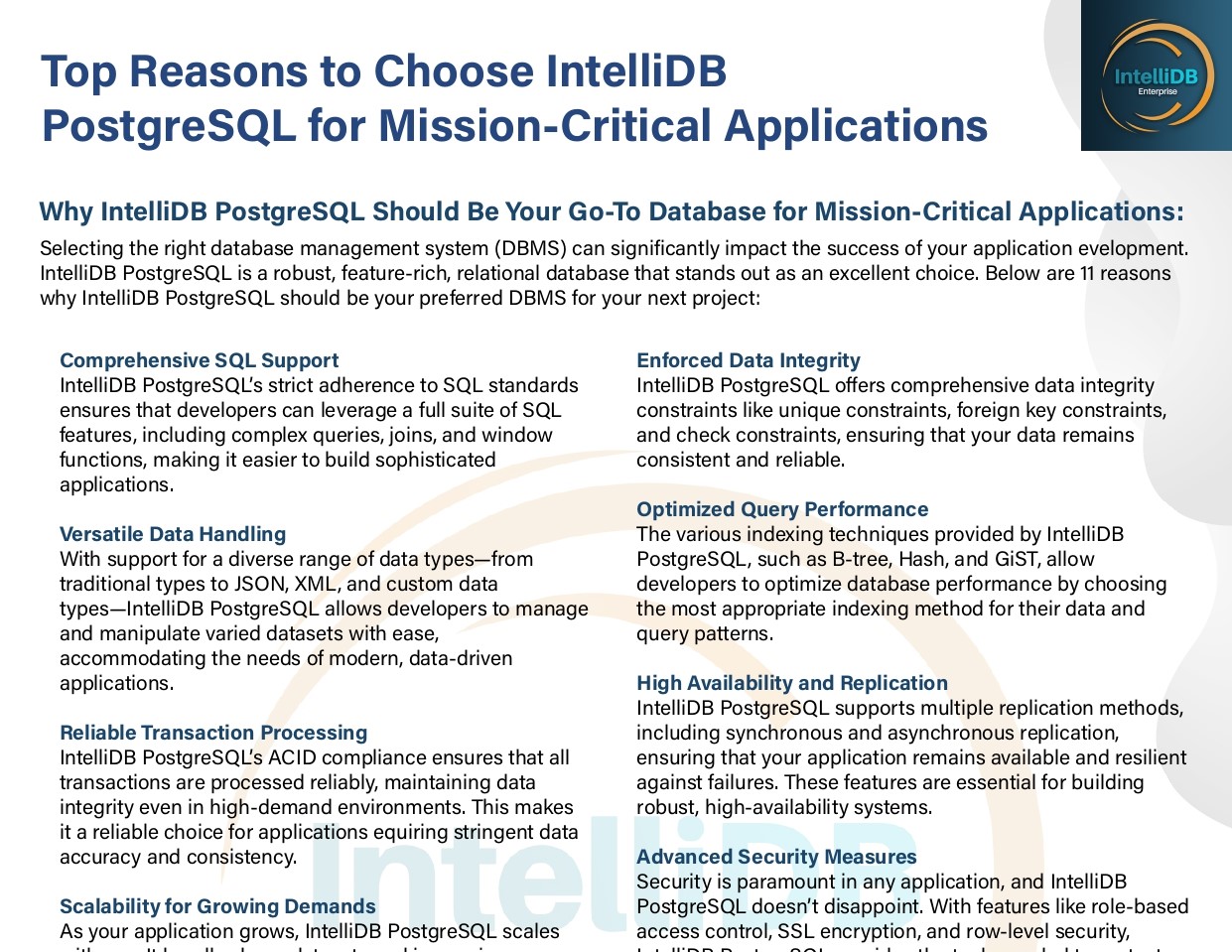 Reasons to choose IntelliDB PostgreSQL – highlighting the advantages of using IntelliDB’s AI-enabled PostgreSQL platform