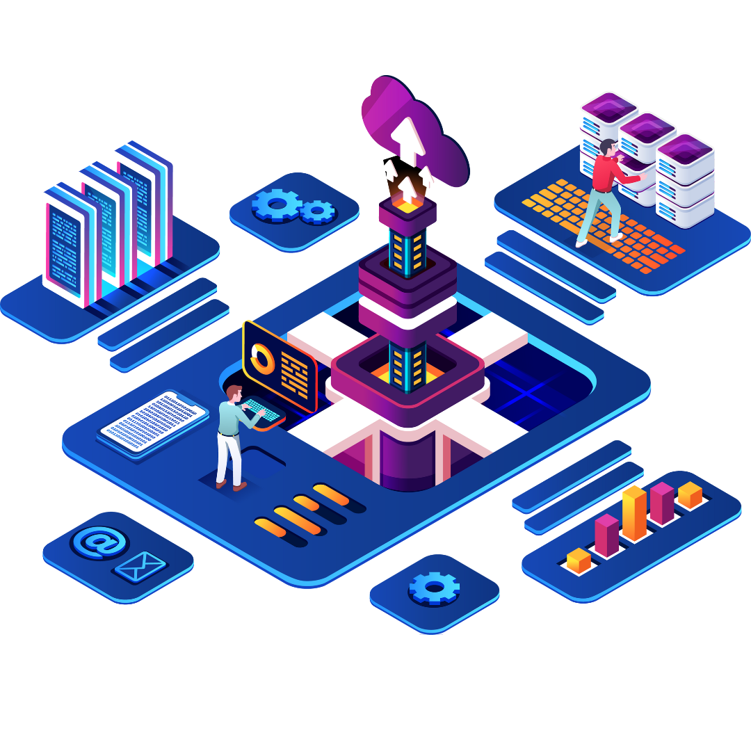 Illustration showing enterprise cloud database infrastructure with servers, analytics, and team collaboration representing IntelliDB Enterprise Subscription features