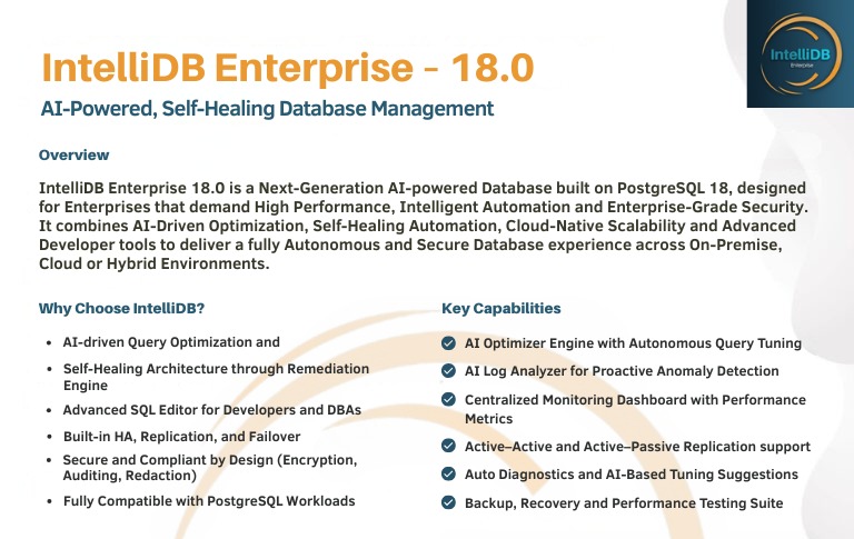 IntelliDB Enterprise 18.0 – next-generation AI-enabled PostgreSQL platform for intelligent data management and enterprise scalability