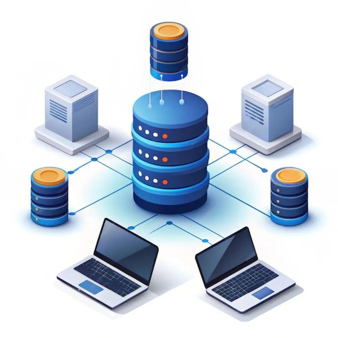 Illustration of IntelliDB Platform architecture built on AI-enabled PostgreSQL, showing connected databases, servers, and laptops for intelligent data management